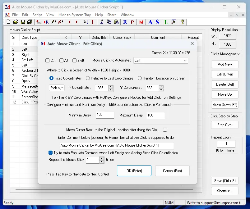 Screenshot Displaying Edit Mouse Click Screen of Auto Mouse Clicker